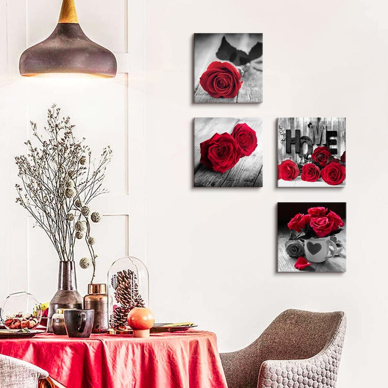 YOOOAHU Red Wall Decor for Bedroom Red Bathroom Accessories Black and White Canvas Wall Art Rose Pictures for Living Room Home Decorations Flower Painting Couples Bedroom Kitchen Modern Artwork 12x12"4Pcs/Set - Image 5